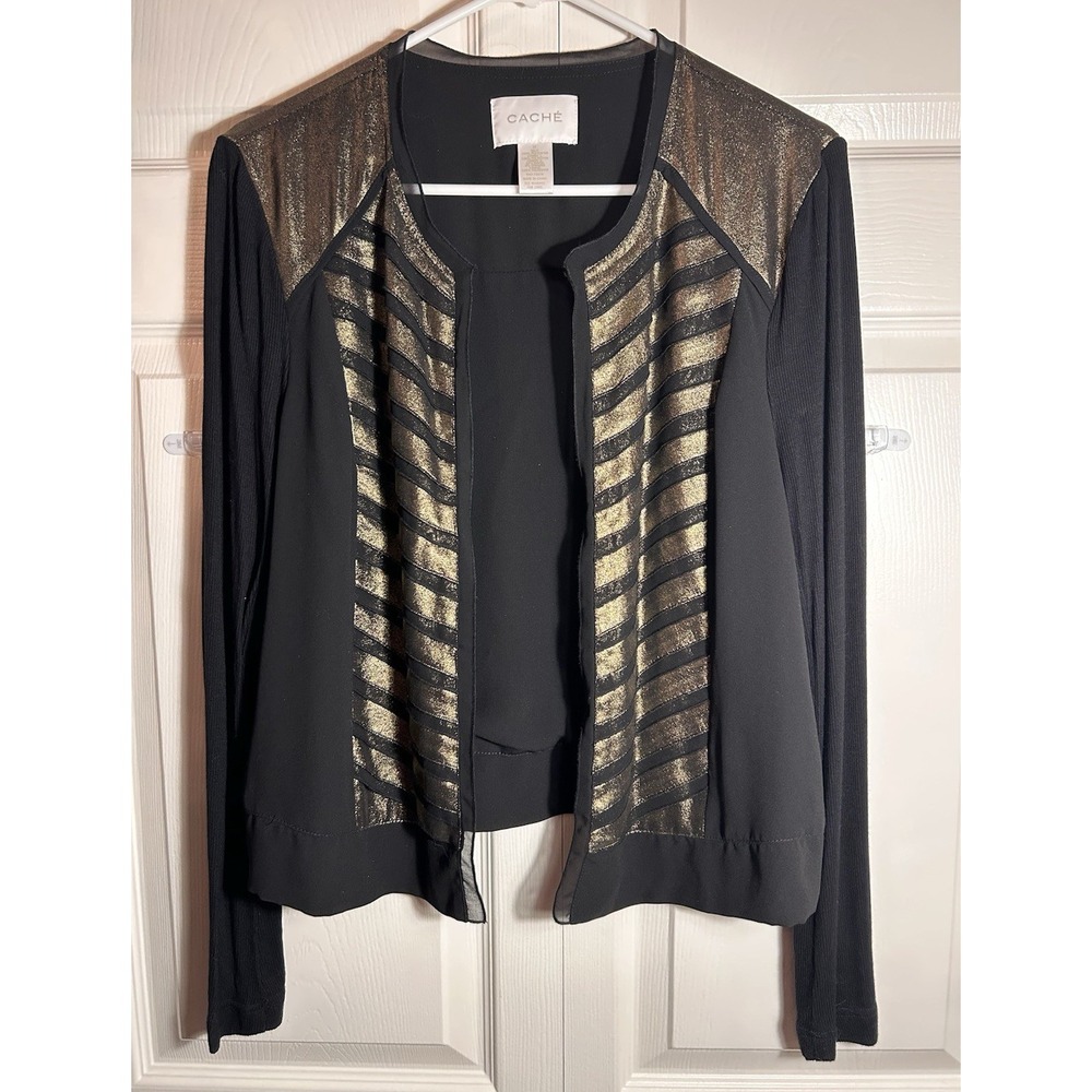 Cache Black Gold Metallic Striped Cardigan Long Sleeve Sheer Night Out Sz 12 L